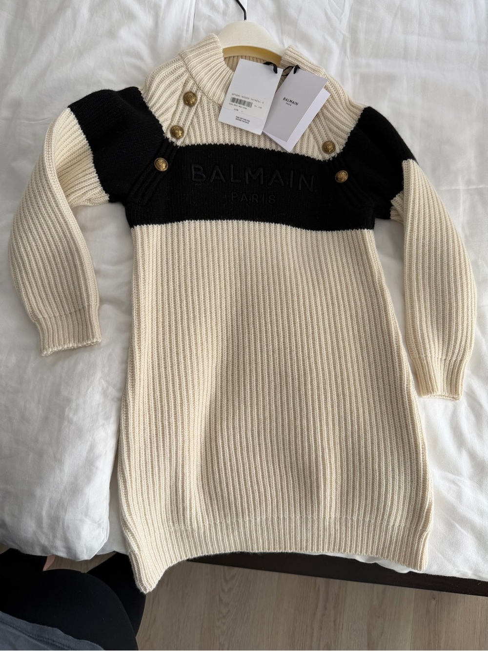 Balmain Kids Cream and Black Ribbed Knit Turtleneck Dress